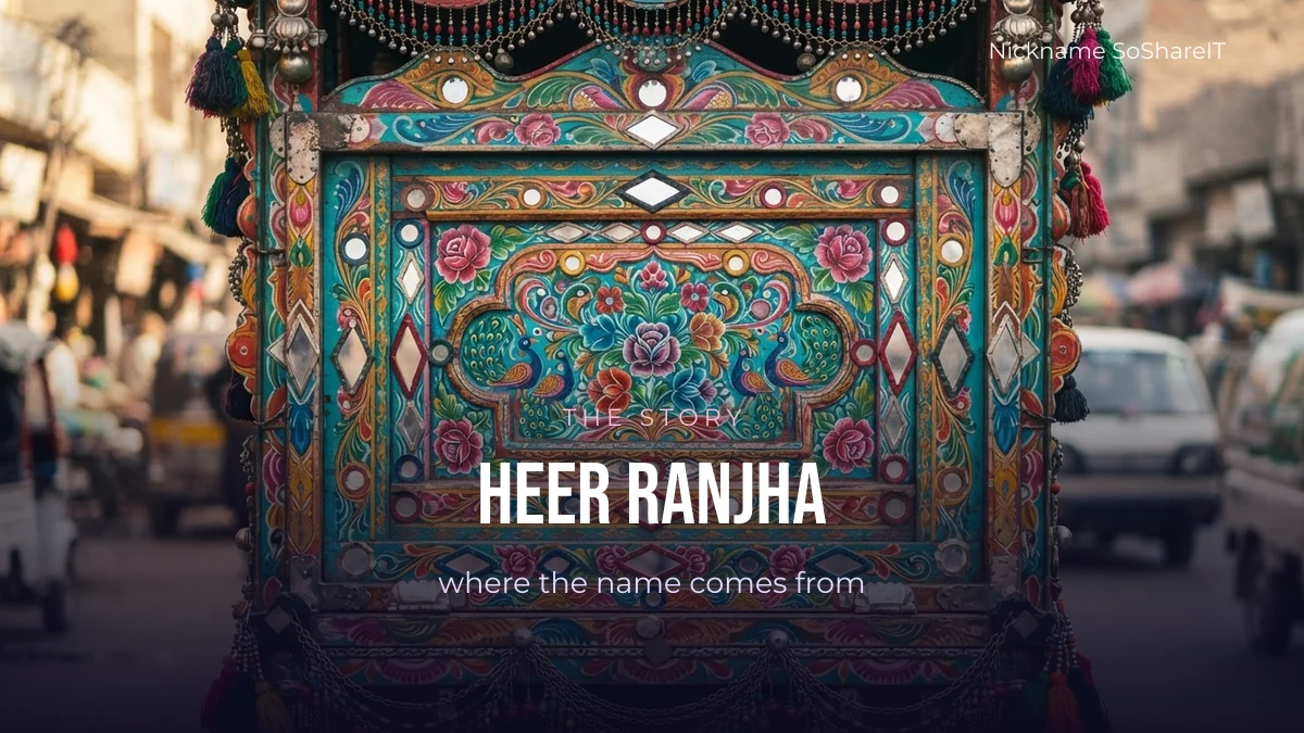 Punjabi folk truck-art panel with floral motifs, illustrating the Heer Ranjha story