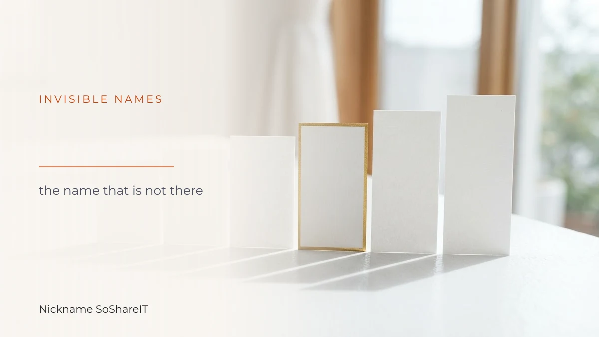 Blank white paper cards standing in a row, illustrating invisible name characters