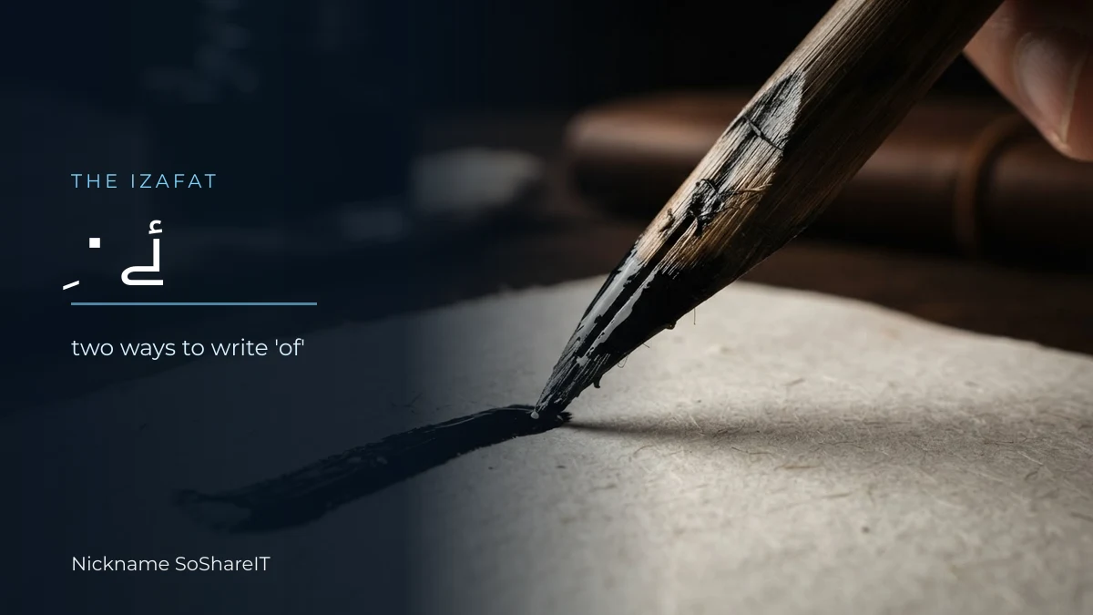 Macro of a reed pen and a single wet ink stroke, illustrating the izafat mark