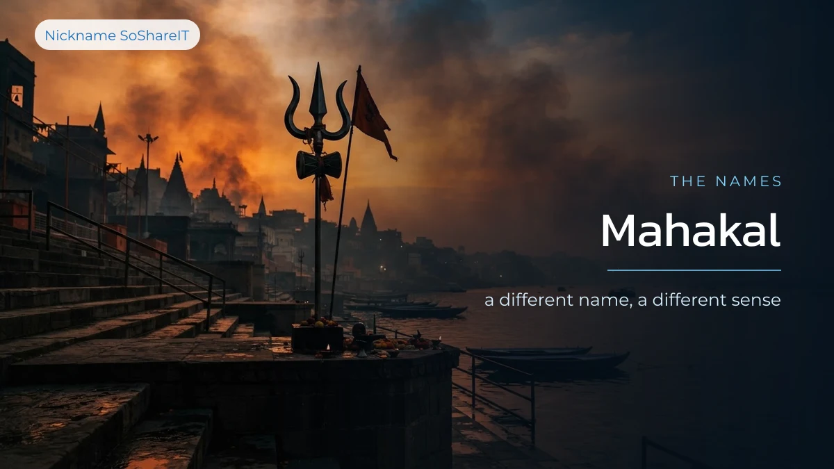 A trident silhouetted against a smoky orange sky at a riverside ghat at dusk