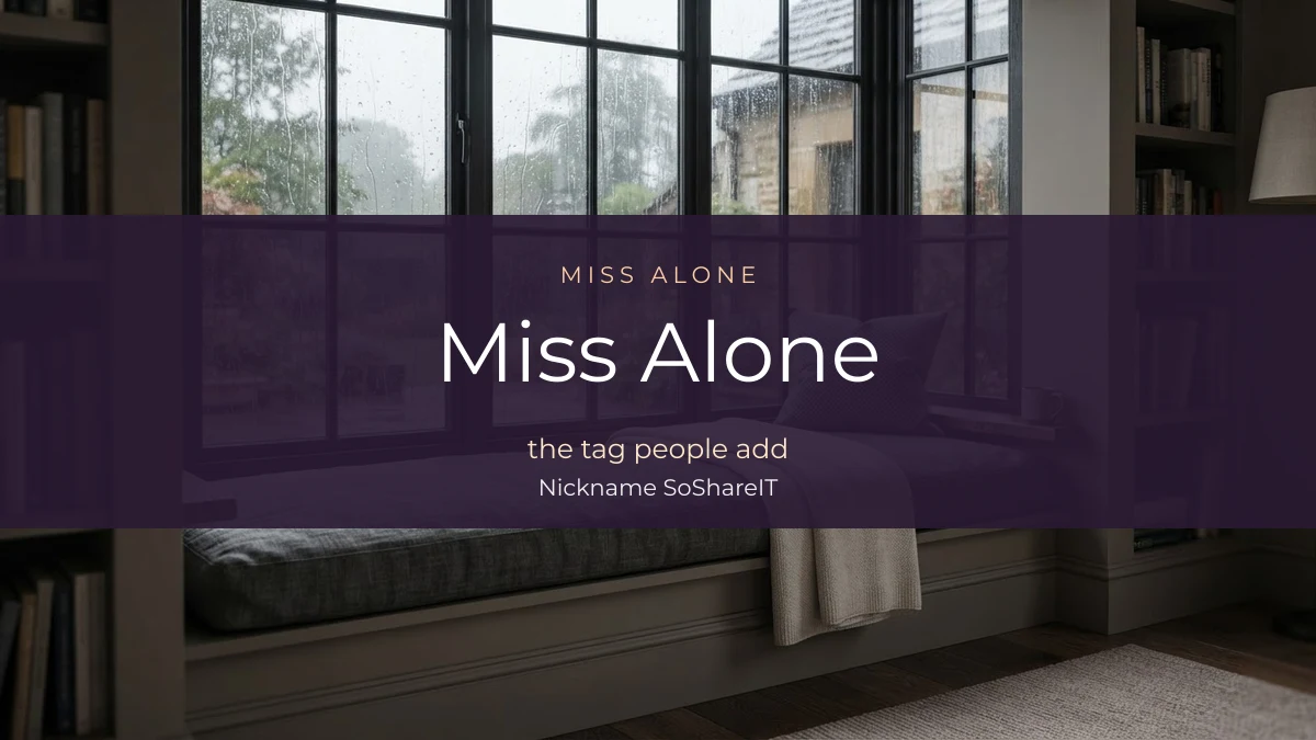 A window seat with rain running down the glass, illustrating the Miss Alone name style