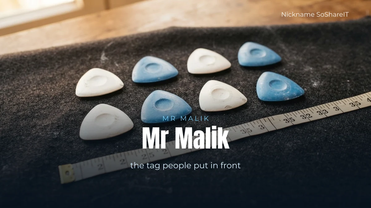A tailor's chalk and measuring tape on dark cloth, illustrating the Mr Malik name tag