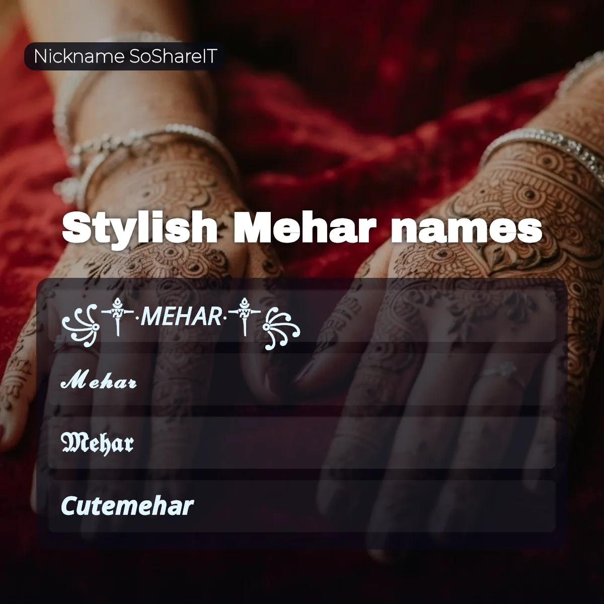 Stylish Mehar names with fonts and symbols