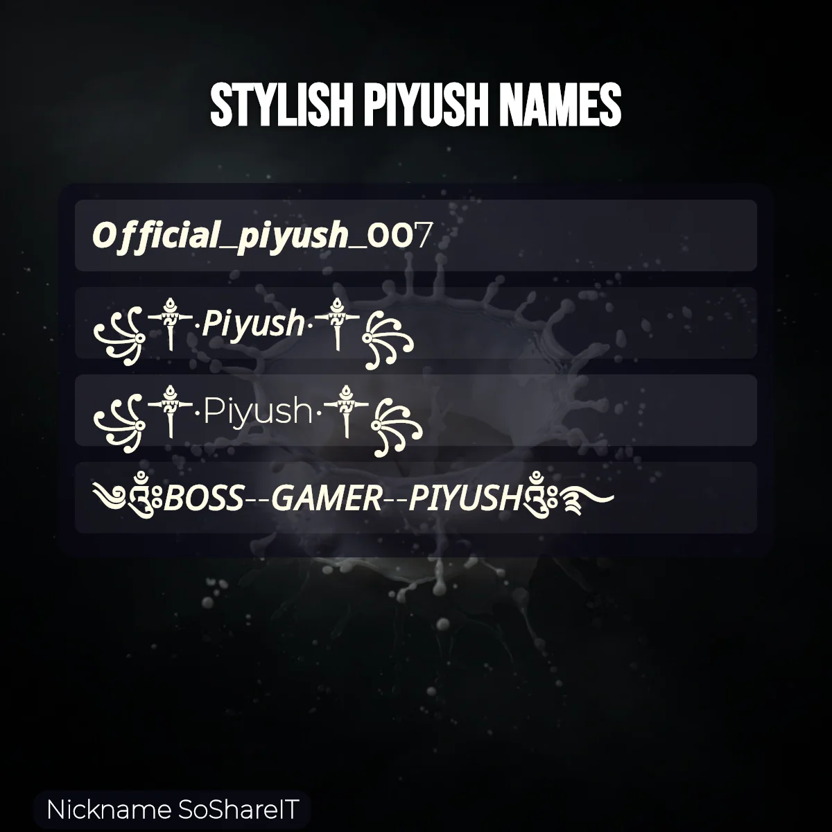 Stylish Piyush names with fonts and symbols