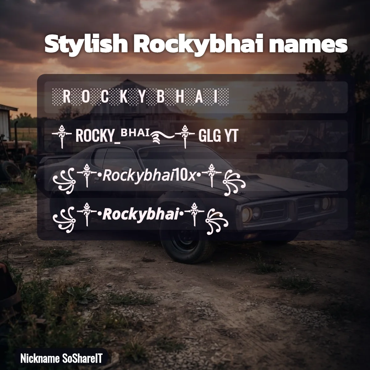 Stylish Rockybhai names with fonts and symbols