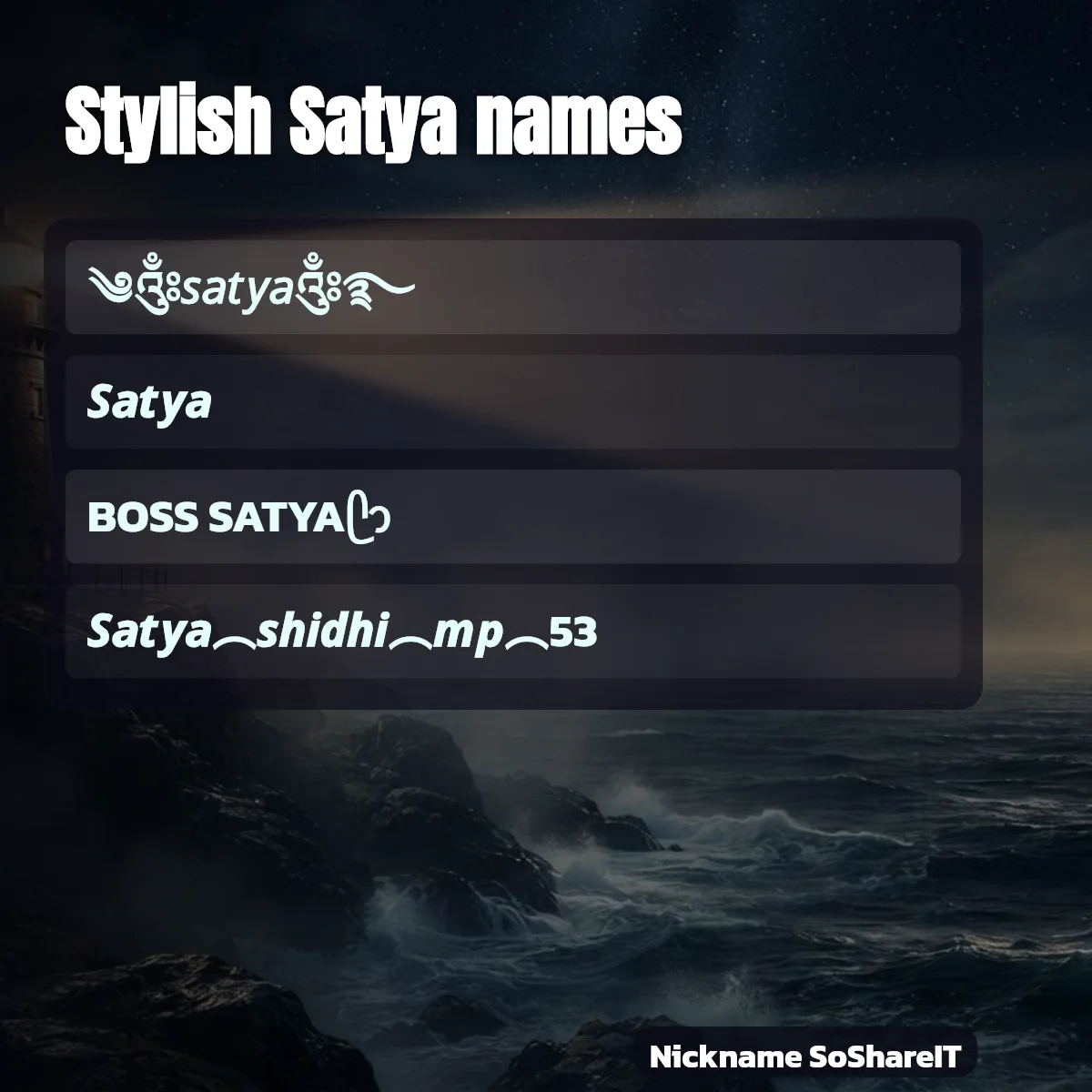 Stylish Satya names with fonts and symbols