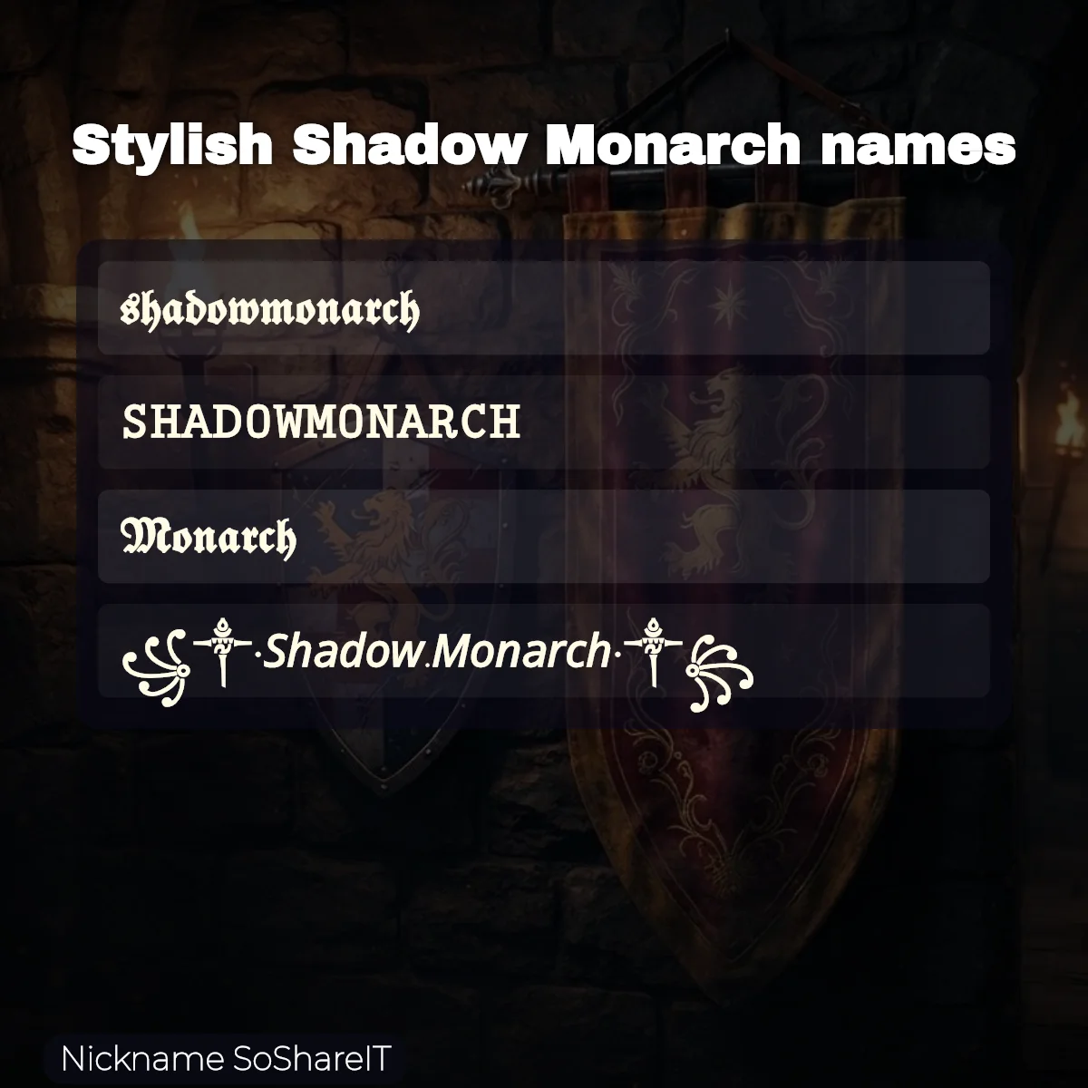 Stylish Shadow Monarch names with fonts and symbols