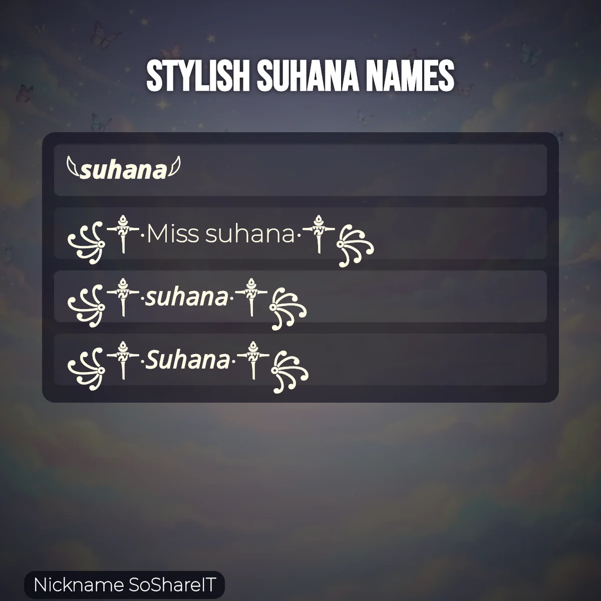 Stylish Suhana names with fonts and symbols