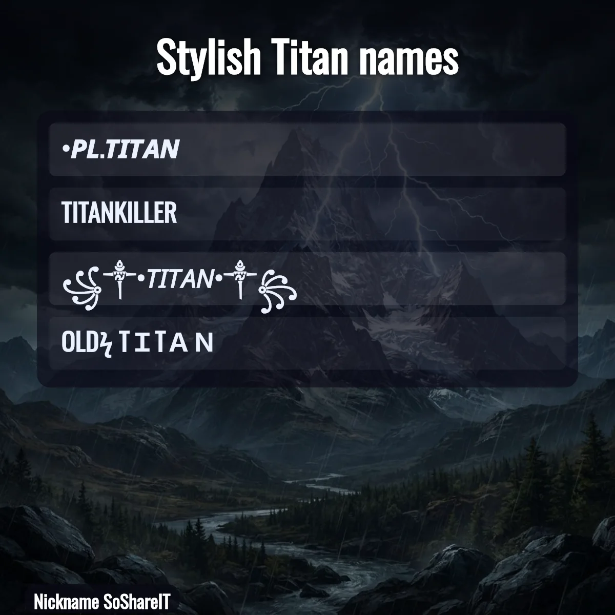 Stylish Titan names with fonts and symbols