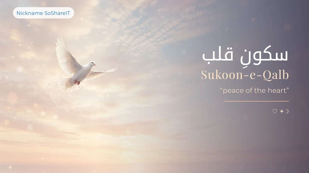 Sukoon-e-Qalb in Urdu script meaning peace of the heart, over a dove at sunrise