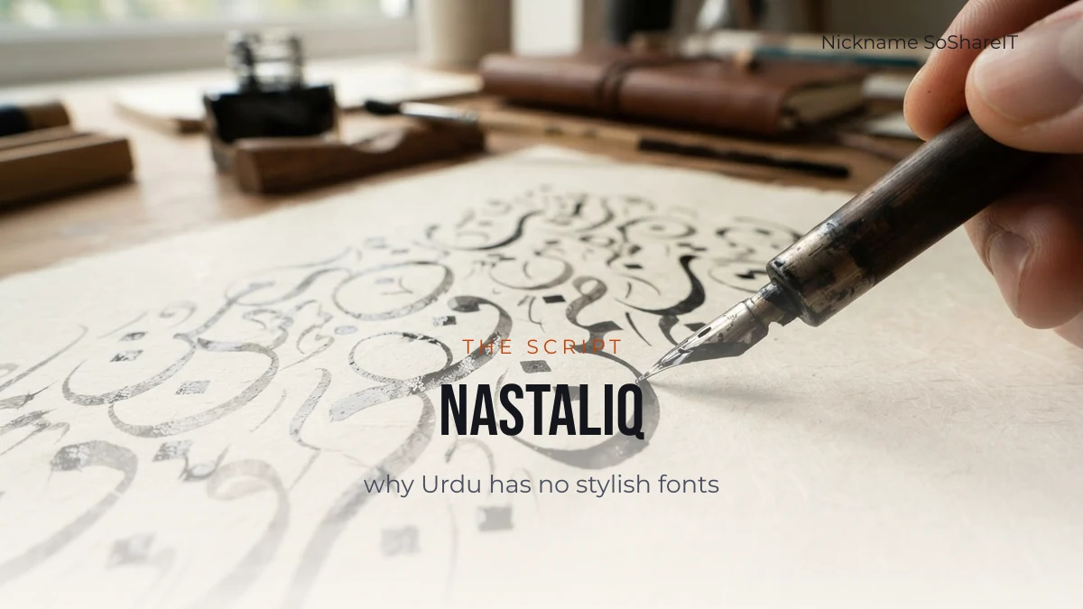 A calligrapher's reed pen writing Nastaliq strokes, illustrating why Urdu has no stylish fonts
